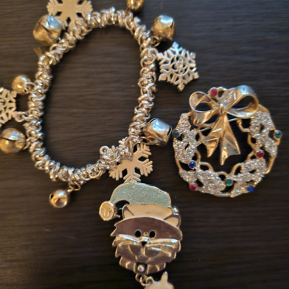 Festive Holiday Bracelet and Brooch Set